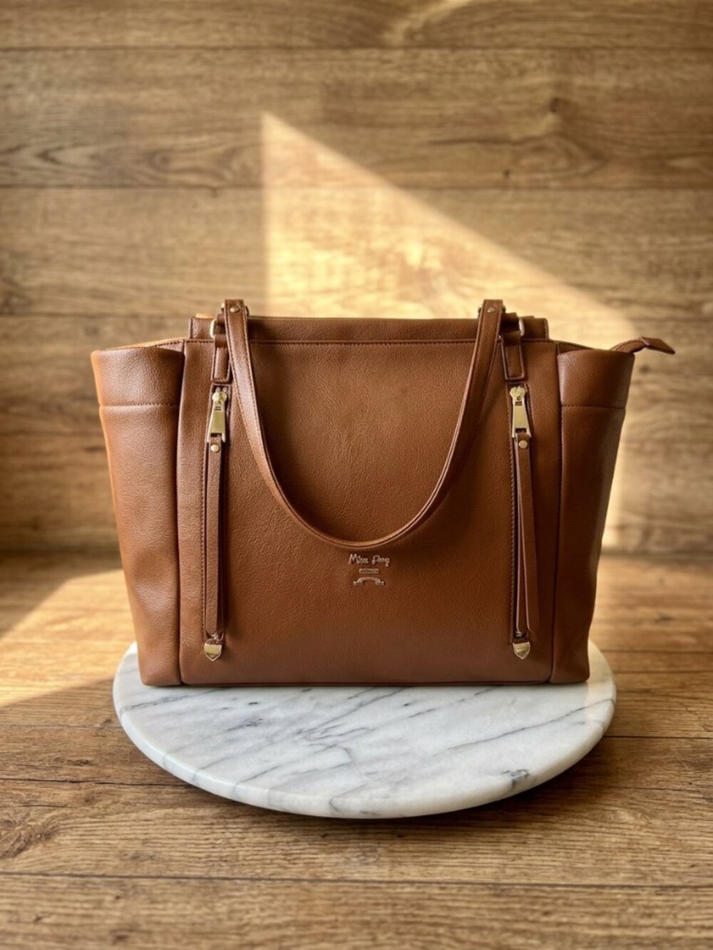 Convertible Leather Tote Diaper Bag with Changing Pad & Stroller Straps